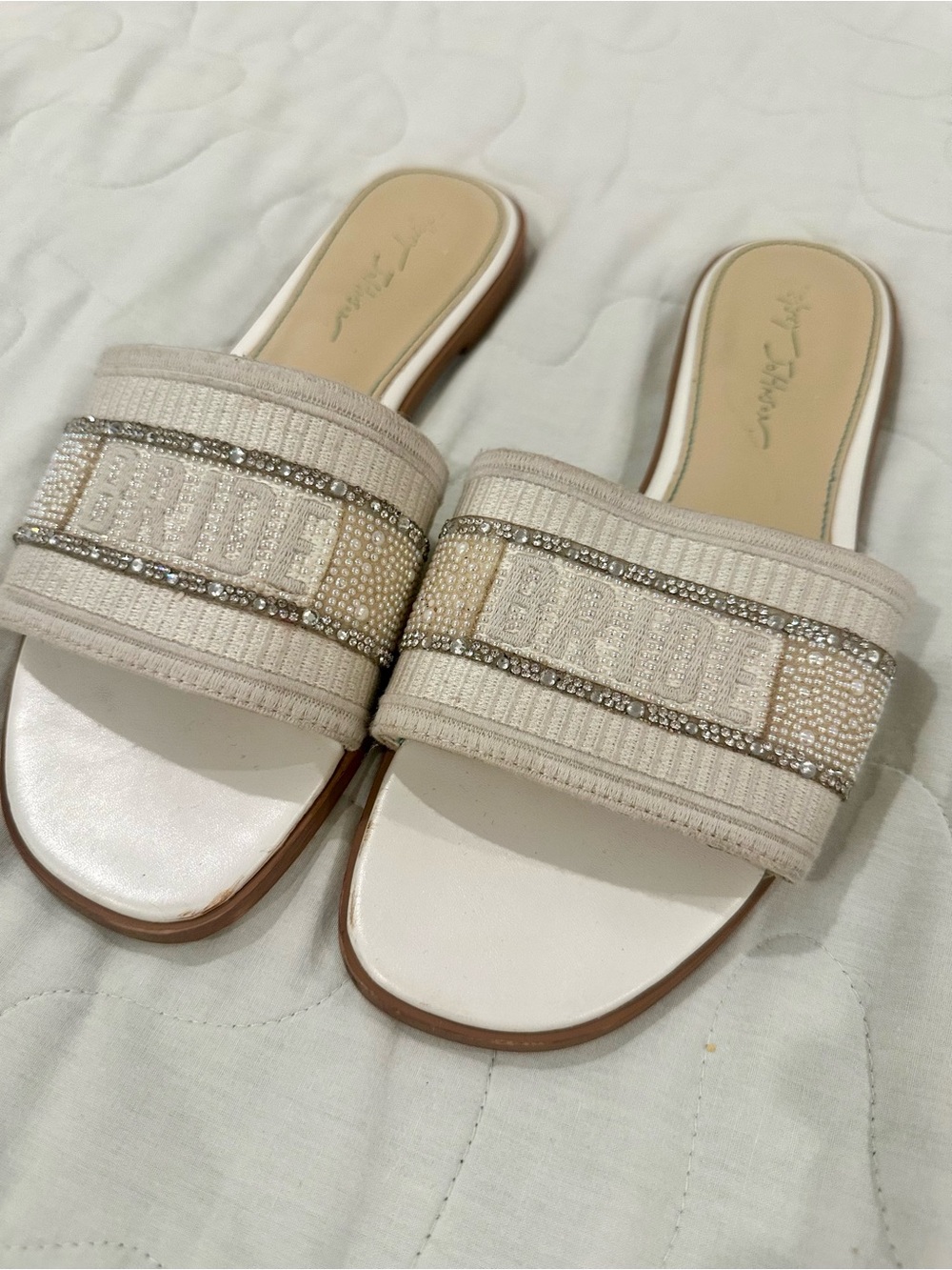 Betsey Johnson Bridal Beaded white ivory Slide Sandals - Women's Fashion Slides